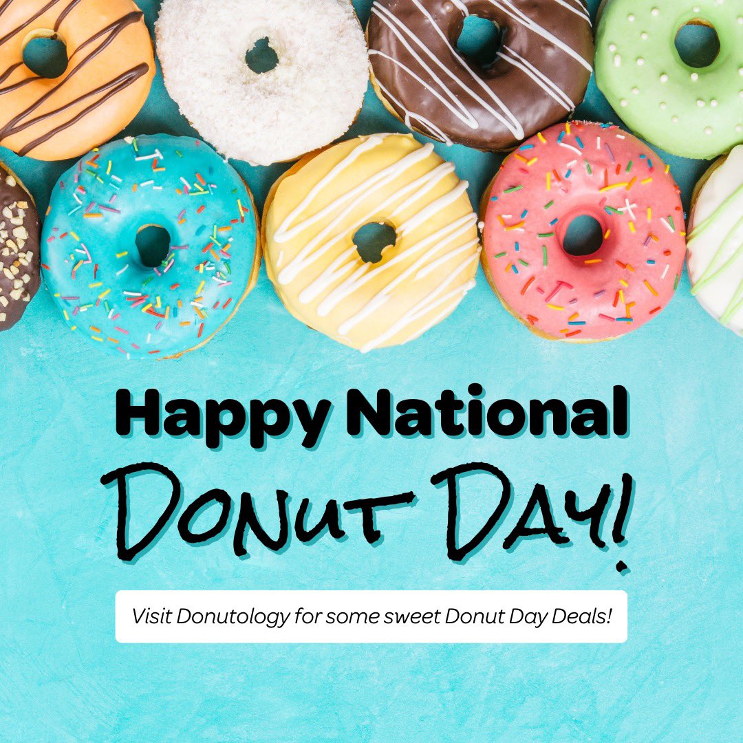Happy #NationalDoughnutDay! Stop by for some sweet deals to celebrate! 
- Free donut with every purchase
- Buy 3 Gluten Free items and get a free GF donut
- Spend $50+ and get a free Donutology shirt!