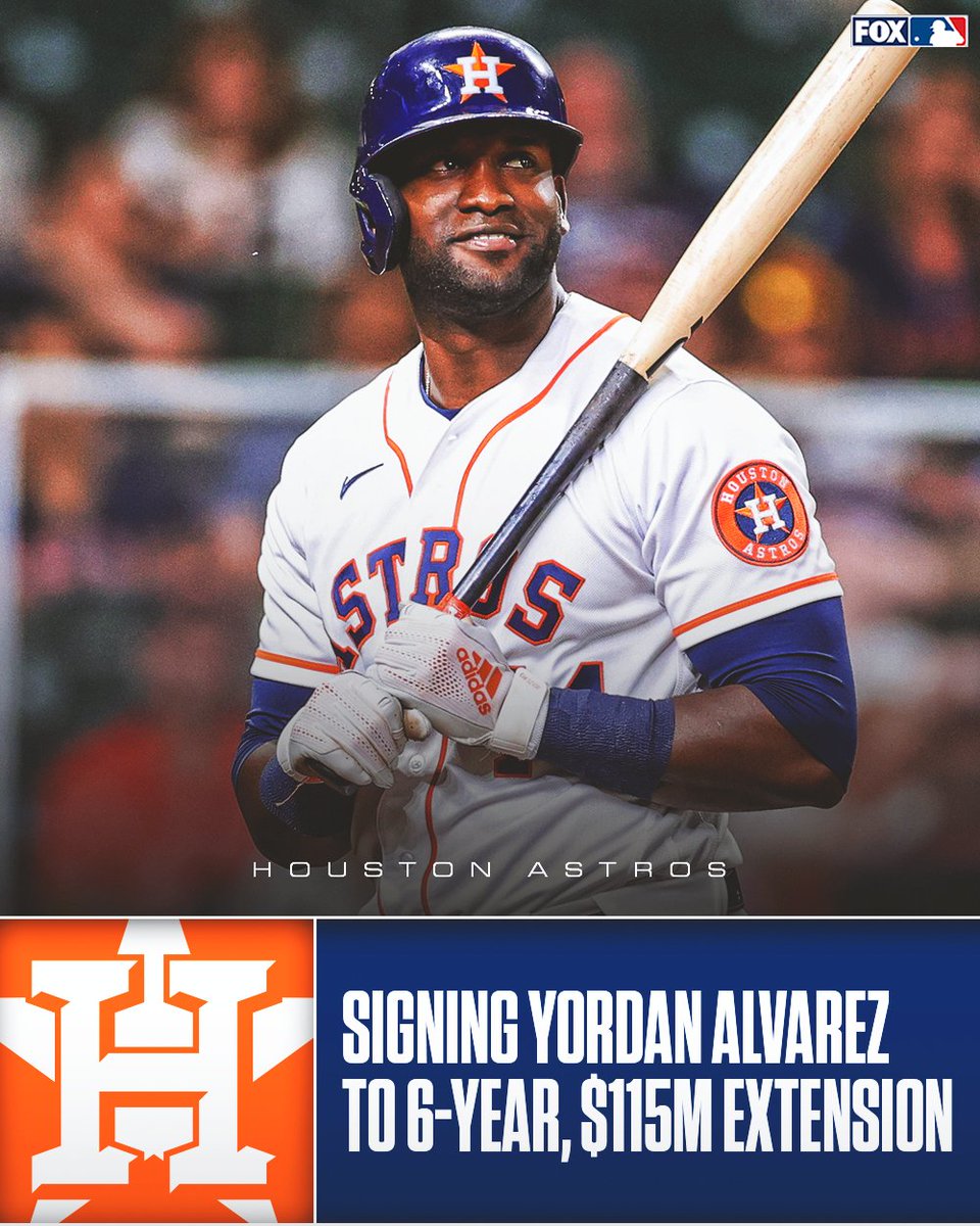 MLBONFOX's tweet image. The Houston Astros and Yordan Alvarez are in agreement on a 6-year, $115M contract extension, per @Ken_Rosenthal &amp;amp; @JeffPassan