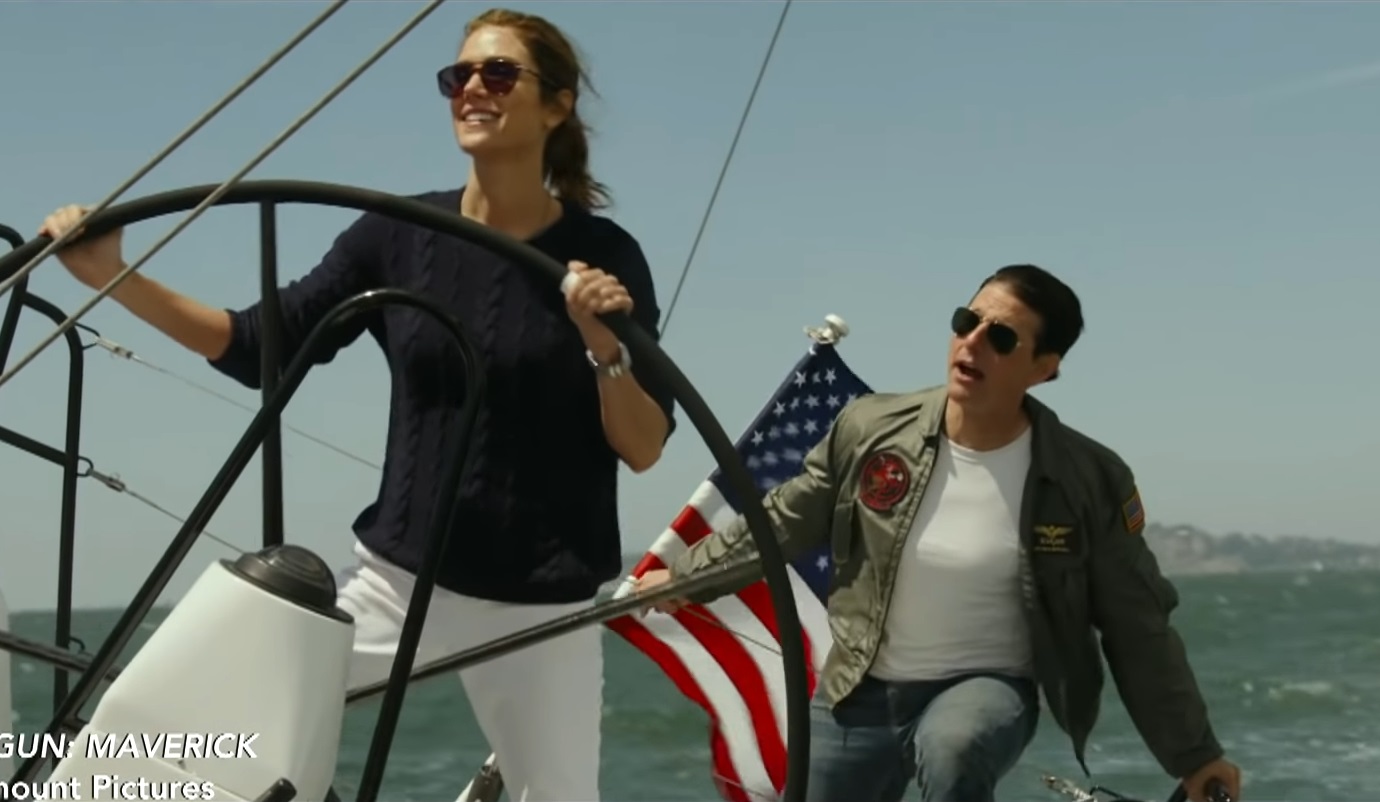 Kevin J. James on X: There's a scene in Top Gun Maverick where Tom Cruise  gets sailing lessons from Jennifer Connelly, and Cruise is wearing his  brown bomber jacket & aviator sunglasses.