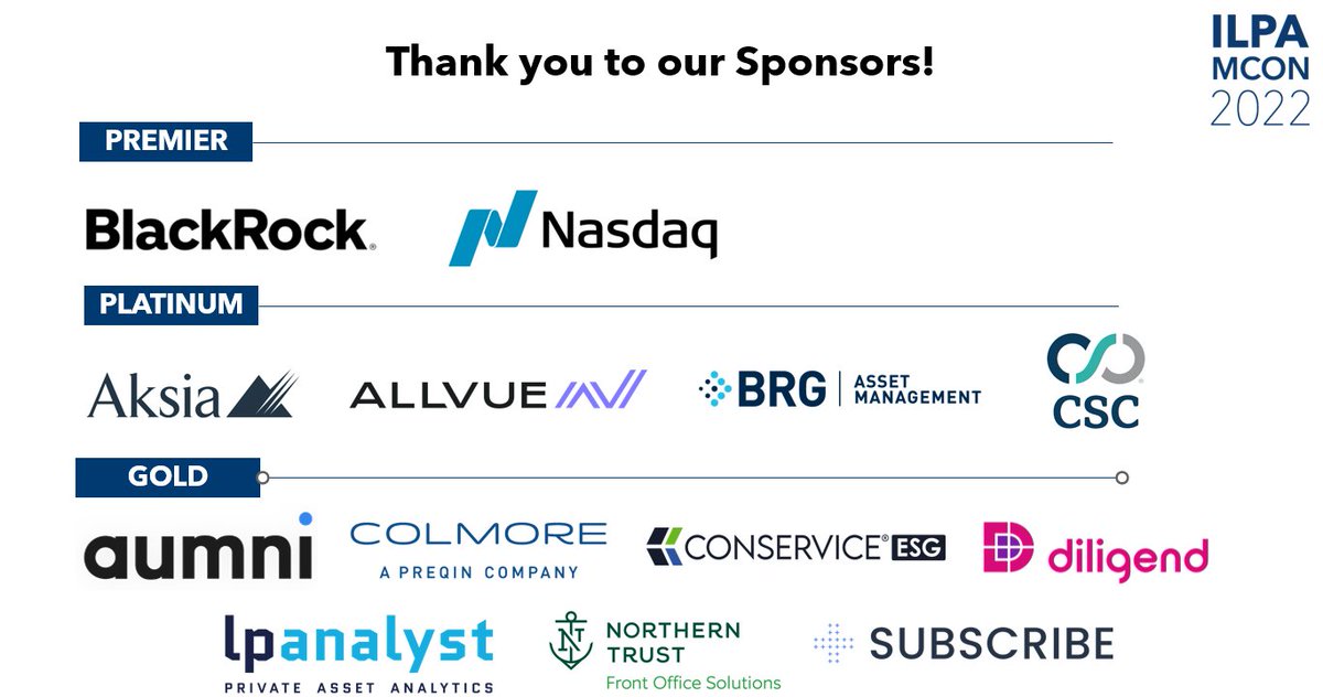 ilpaorg's tweet photo. The ILPA #MCON is next week and we are excited to gather with our members in person again! Thank you to our sponsors Blackrock (PE), Nasdaq, Aksia, Allvue, BRG, CSC, Aumni, Colmore, Conservice ESG, Diligend, LP Analyst, Northern Trust and +SUBSCRIBE. See you next week! https://t.co/ZFp6yvMsbA
