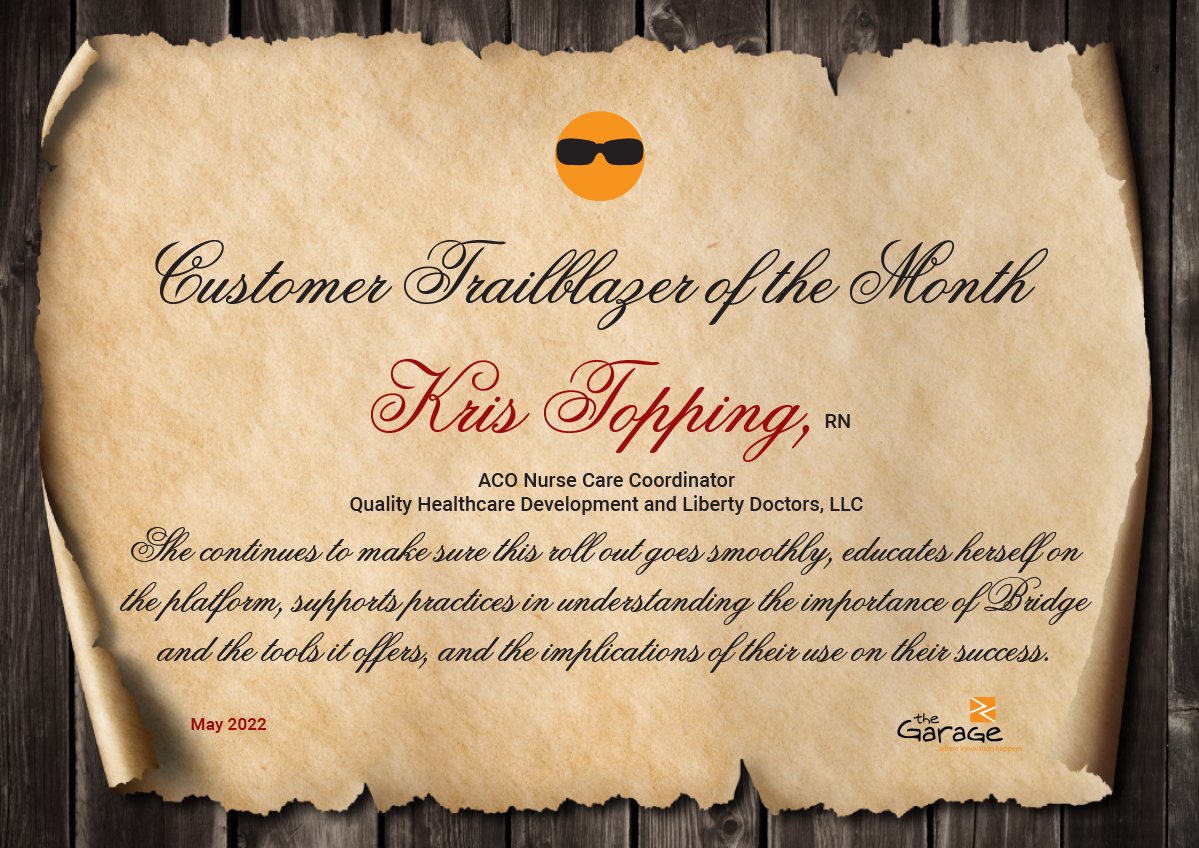 TheGarageIn's tweet photo. Thrilled to announce Kris Topping as our May Customer Trailblazer! #CustomerSuccess #NorthStar #inspiration #Trailblazer #changinghealthcareforgood https://t.co/ZsHDF41vh4