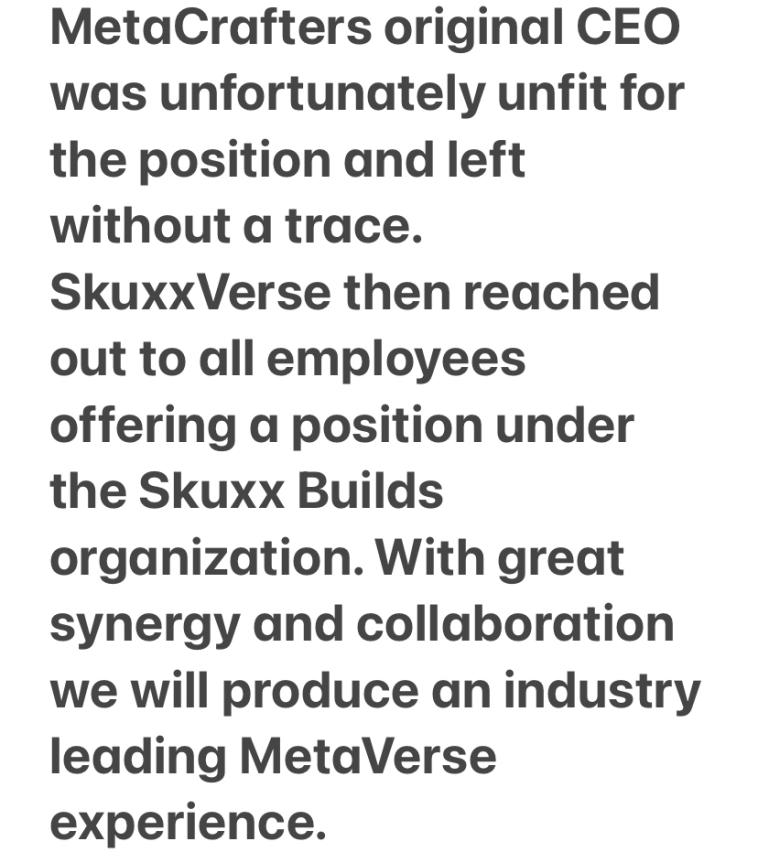 LiamSkuxx's tweet photo. SkuxxVerse is acquiring @themetacrafters. 

We are very excited to onboard some of the most elite web3 builders/devs into our SkuxxBuilds team. 

All employees will be eligible to work with other projects utilizing @nftworldsNFT to help the overall ecosystem.

Skuxx City coming.. https://t.co/ThUT5IJWOV