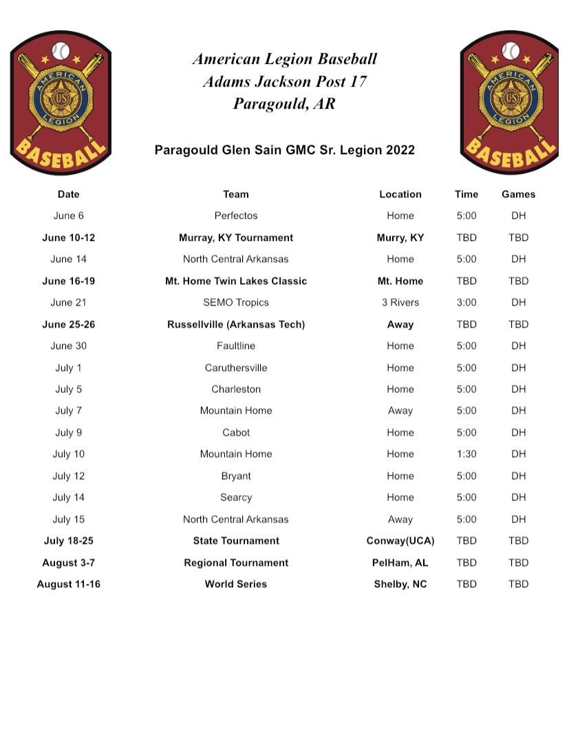 Here is an Updated Schedule for this summer.