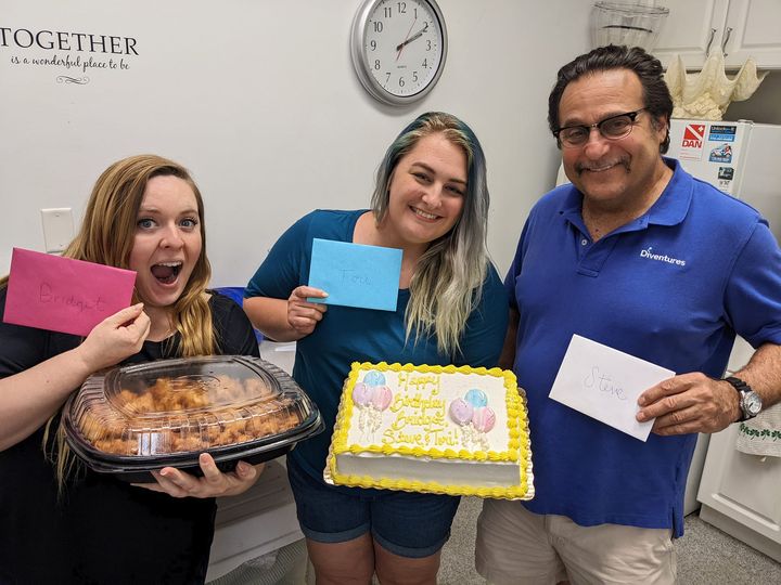 diventuresATL's tweet photo. It's a triple birthday! On Monday, Steve, Bridget, and Tori celebrated their birthdays! We celebrated them this week with some Chick-fil-A and birthday cake! Happy birthday y'all! https://t.co/ucPsuT5QXa