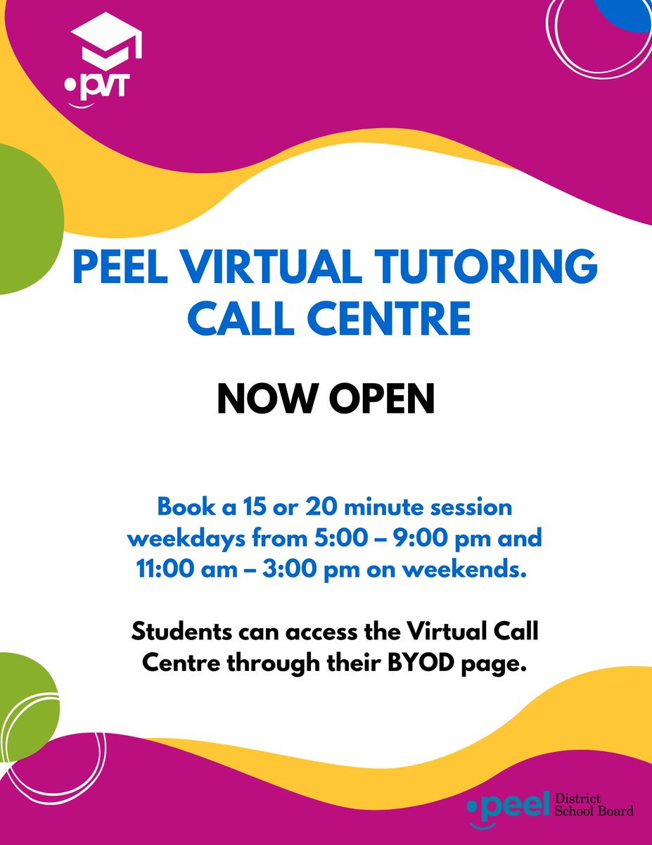 Peel Virtual Tutoring Call Centre is officially open to PDSB students in grades 3-12 who would like homework help from a tutor. The program's open until the end of July for secondary students &amp; the end of the school year for elementary students. Start booking your sessions today.