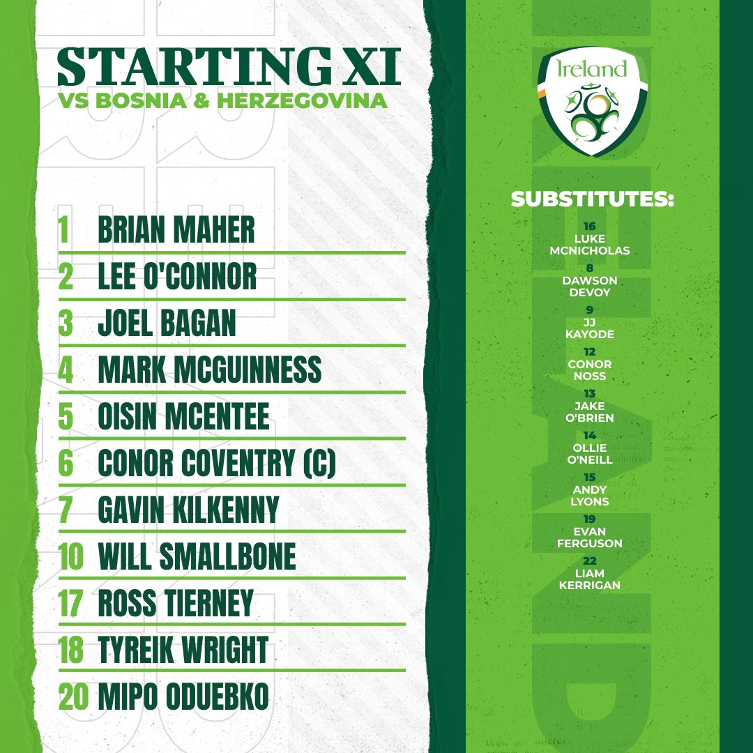 IrelandFootball's tweet photo. STARTING XI | This is how Jim Crawford’s U21s line-up against 🇧🇦

Tyreik Wright returns to the starting line-up and a first home start for Mipo Odubeko 

⌚️KO 7.30pm
📺 RTÉ2/ RTÉPlayer

#IRLU21 | #COYBIG | #WeAreOne https://t.co/jhYYzshpQW