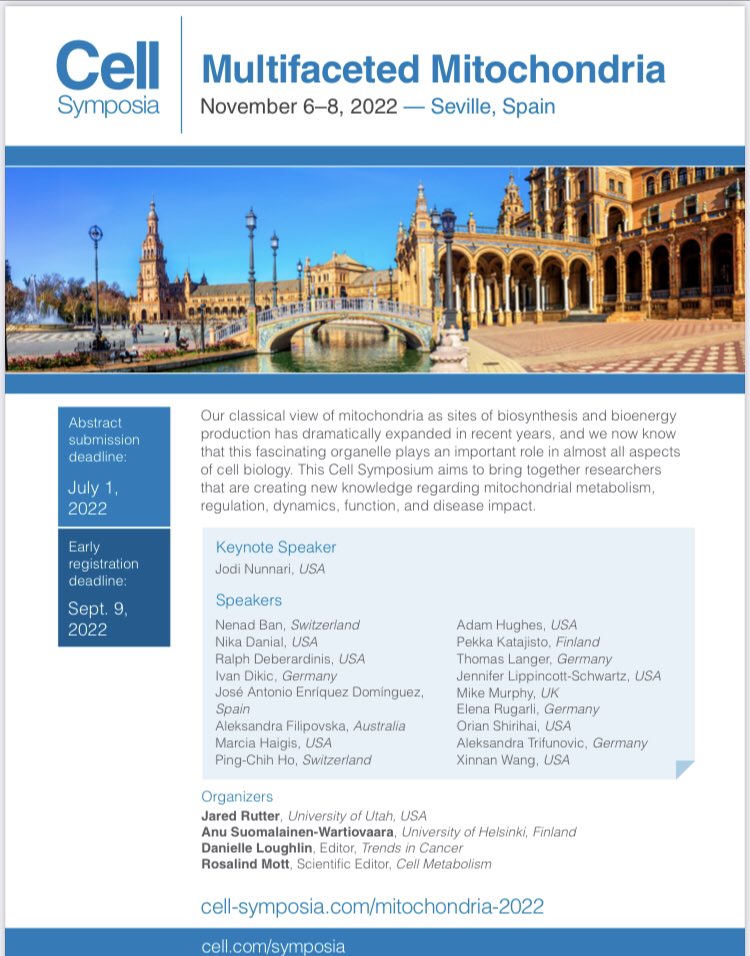 AWartiovaara's tweet photo. Very happy to tell that Cell Symposium, Multifaceted Mitochondria, will happen this year. Welcome to join us Nov 6-8 in Sevilla. Great program, abstract dl 1st July. https://t.co/tuIXv5uabl
