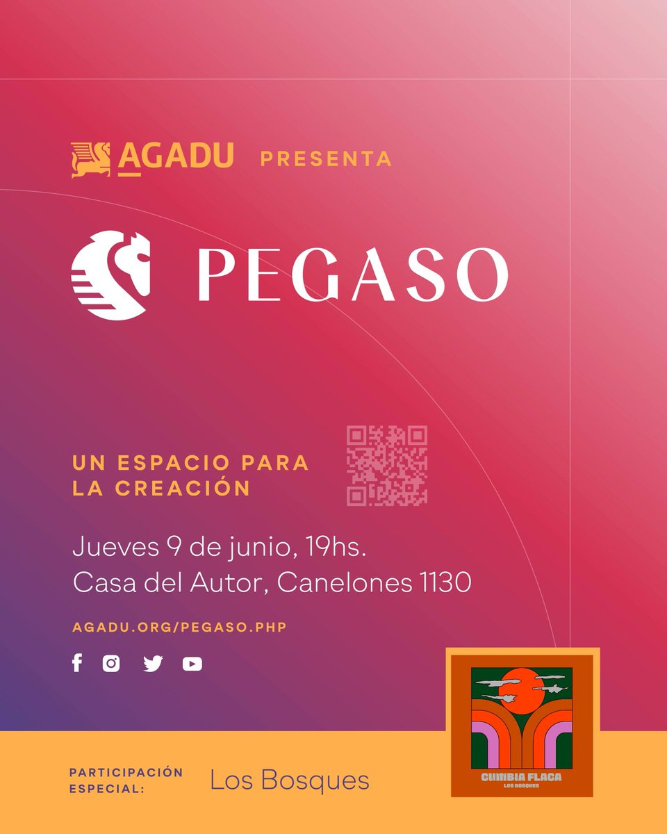 📢 <a href="/AGADU_UY/">AGADU</a> presenta <a href="/Pegaso_AGADU/">Pegaso_AGADU</a> 📢

Los invitamos al evento lanzamiento ⬇️

🗓️Jueves 9 de junio
⌚19 horas
📍Casa del Autor de #AGADU, Canelones 1130

Participación especial de <a href="/BosquesUy/">Bosques</a> 🎧🎶

+Info 🔗 agadu.org/pegaso.php