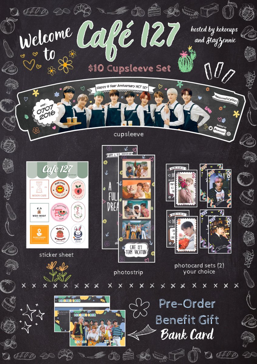 kokocups's tweet photo. 💚 Welcome to Cafe 127 💚

Order Details

$10 set
- 1 cupsleeve
- 2 member pc sets (4 pcs)
- 1 photostrip
- 1 sticker sheet
- POB

$30 set
- 3 cupsleeves
- 20 pc (9 sets+markyong bday)
- 1 photostrip
- 1 sticker sheet
- 1 POB

US mail/pick up

form: https://t.co/zmujM69ayj https://t.co/eecL2Xqvzm