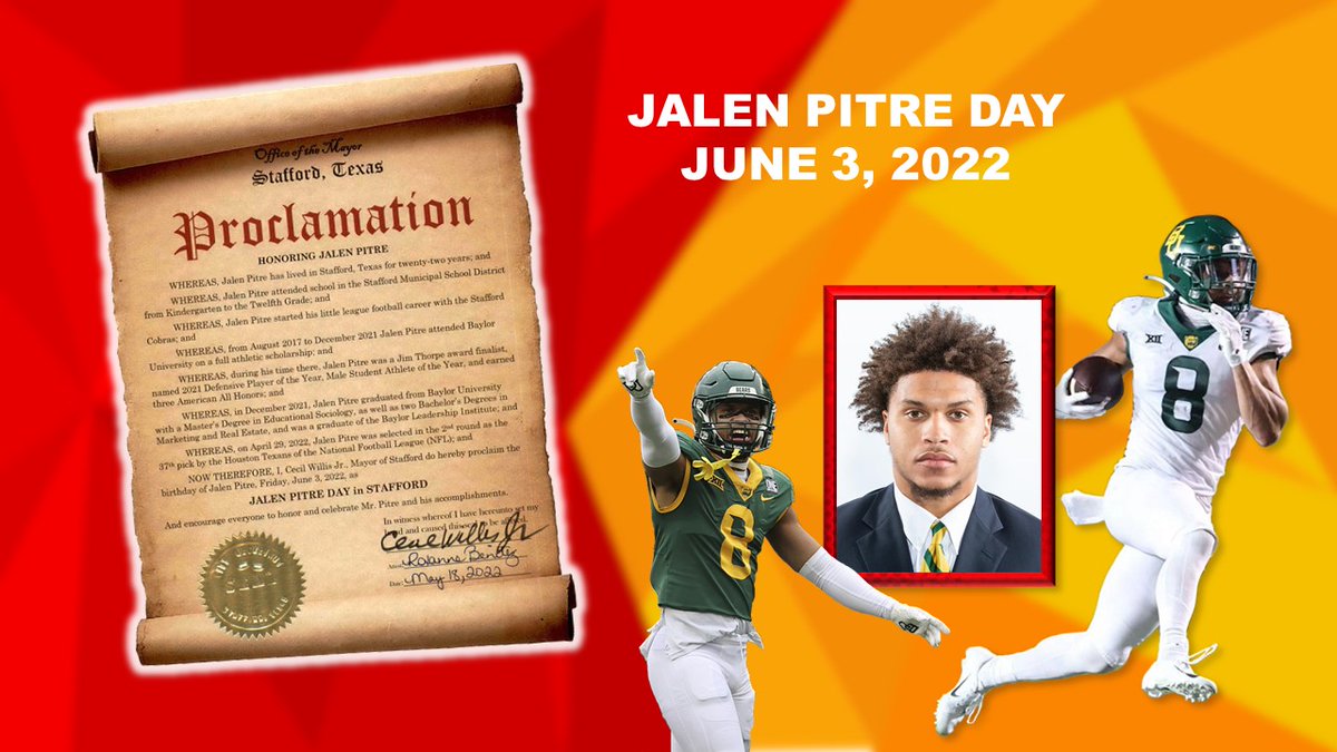 StaffordMSD's tweet image. HAPPY BIRTHDAY JALEN PITRE! The @CityofStafford Mayor Cecil Willis and City Council voted on May 18 to proclaim today Jalen Pitre Day in #StaffordTX #SpartanPride #SMSDAlumni