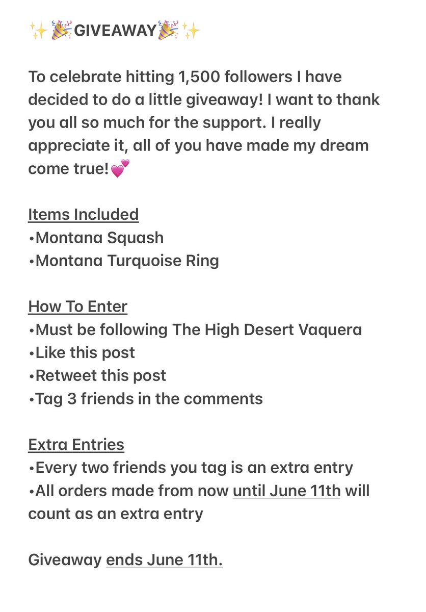 ✨🎉GIVEAWAY🎉

How To Enter
•Must be following <a href="/HiDesertVaquera/">High Desert Vaquera LLC 𐚁</a> 
•Like this post
•Retweet this post
•Tag 3 friends in the comments

Extra Entries
•Every two friends you tag is an extra entry 
•All orders made from now until June 11th will count as an extra entry