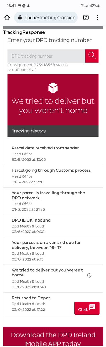 2ndburkie's tweet photo. @dpdireland apparently no-one home for delivery (there were 2 people in the house) and only 35mins to get to the depot which google reckons is over 50 mins. Please advise. https://t.co/gpToIB545Q