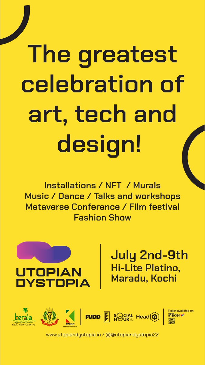 Utopian Dystopia is a one-of-a-kind festival focused on bridging the worlds between art, tech and design. The festival will showcase 400+ artists across various genres around the globe. Book your tickets now.
Link below
insider.in/utopian-dystop…

#bridgingworlds  #arttechdesign