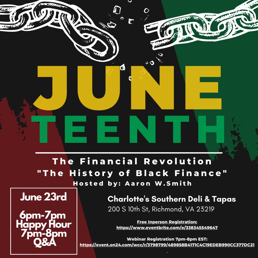 AWSmith44's tweet image. Your Choice Your Money. Join me a June 23 2022 as we dive into the Financial Revolution "The History of Black Finance" 

eventbrite.com/e/juneteenth-t…

event.on24.com/wcc/r/3798799/…

#finance #TheFinancialCoach #money #moneymindset #moneymanagement #moneymatters #RichmondVA