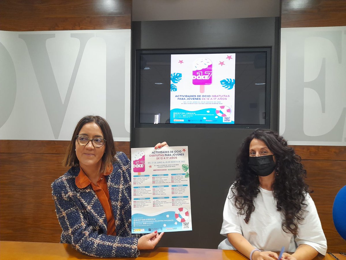 aytoviedo's tweet photo. ✅  Programa de verano #DOCE17: 88 actividades del 27 de junio al 26 de agosto
La concejala de Juventud, @covadonga1980 y Aránzazu Fernández Rodríguez, Directora del Área de Prevención de la Fundación C.E.S.P.A.-Proyecto Hombre, las han presentado hoy.
https://t.co/saKPvp6GMi https://t.co/Ss1Bo2V8ya