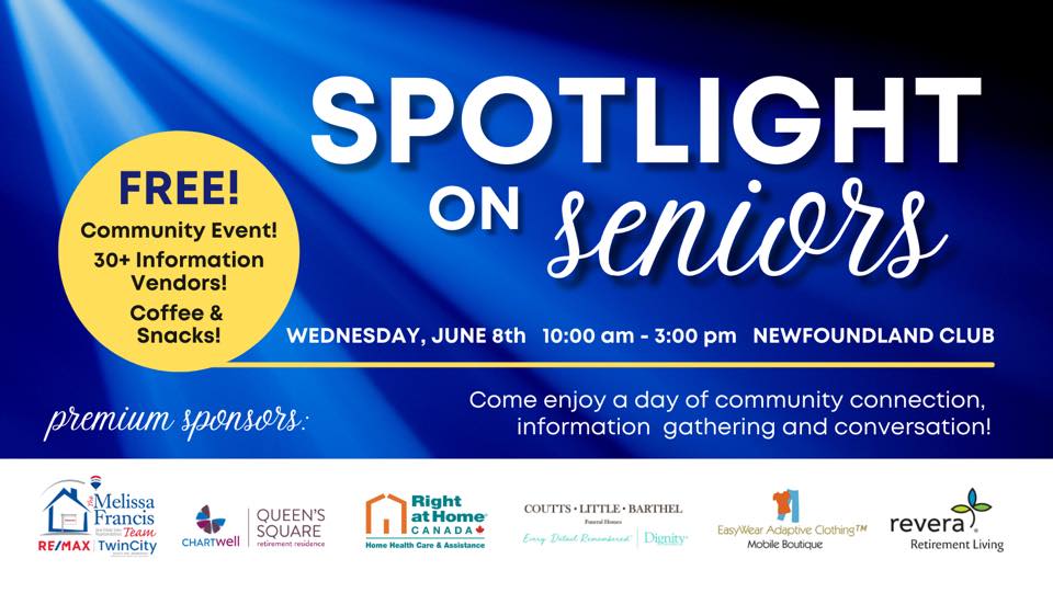 The Spotlight on Seniors Trade Show is a FREE, all-day, event focused on providing information and connection with our local senior community members and their families. 

Learn more via Facebook: facebook.com/events/newfoun…