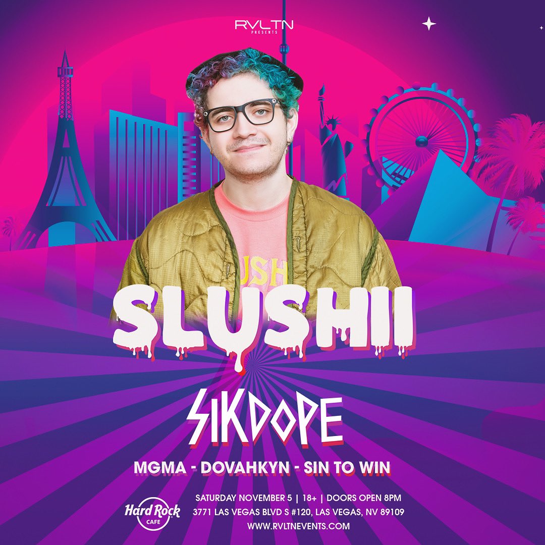 Evacuate Response Units ready 🫡 Commander <a href="/SlushiiMusic/">Slushii</a> is reporting back to Vegas at The Hard Rock Live, November 5th 😈 
 
Support from some of your favorites <a href="/WeAreMGMA/">MGMA🖤🖤</a> @DovahkynDub  <a href="/OKAYDANCO/">DANCO</a> &amp; @FunkWithSkunkz 😯

Tickets are NOW live 🥵
🎟 RVLTNevents.com