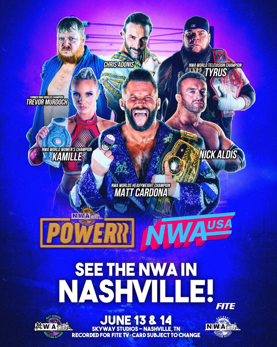 🎟👊 Be part of the action as we film the next seasons of NWA Powerrr and NWA USA in Nashville! Tickets on sale now at NWATIX.com!

🔥 June 13 &amp; 14 | Nashville, TN!

The NWA returns to Skyway Studios in #Nashville, TN for two stacked days of #NWAPowerrr and #NWAUSA!