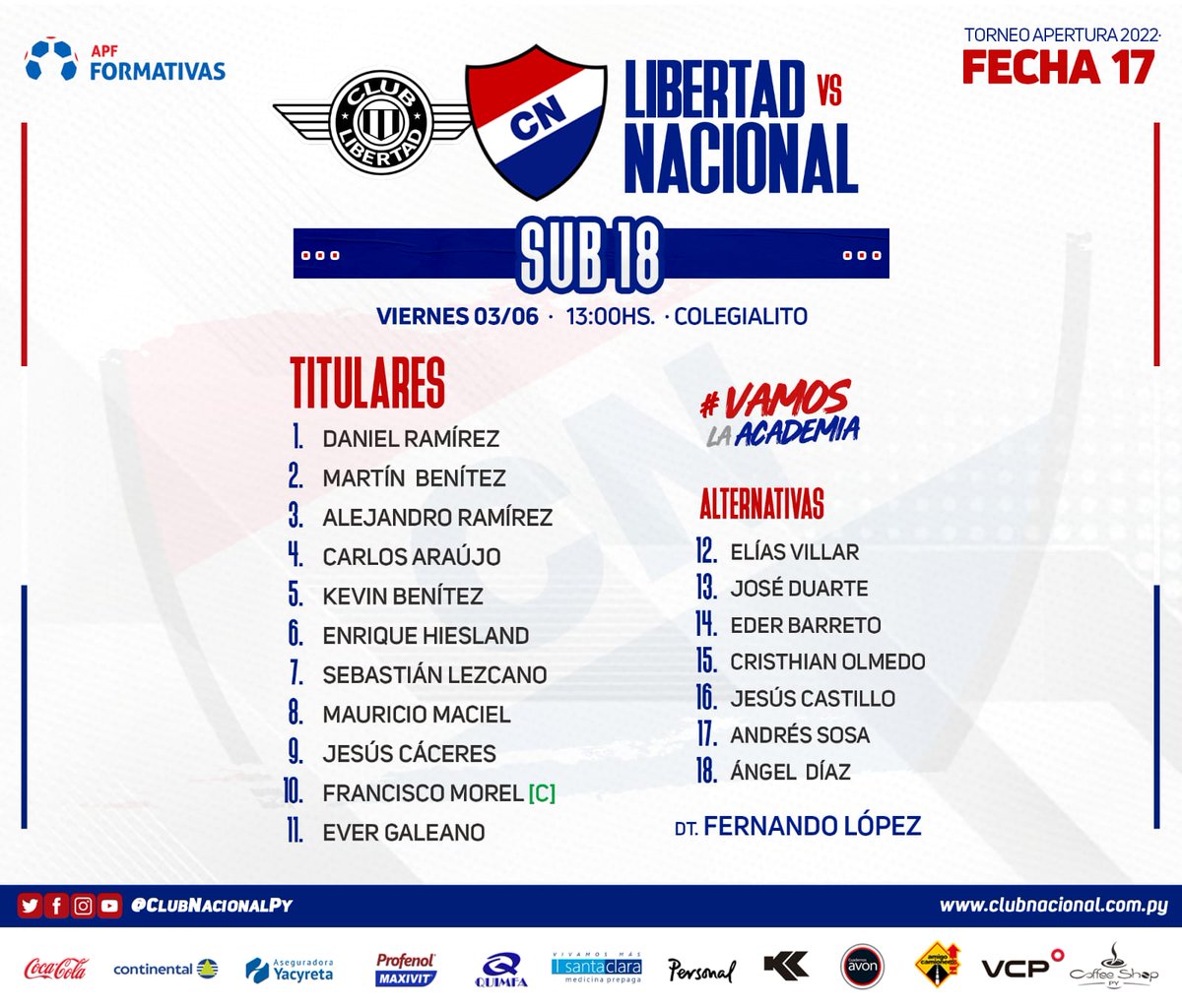 CanteradelTrico's tweet photo. #CanteraTricolor 🔴⚪🔵
#catSub18 ⚽️🙋🏻♂️
🏆 Torneo #Apertura2022
¡YA SE JUEGA!
Libertad 🆚️ #NACIONAL
#VamosLaAcademia https://t.co/8cVUgDnXmG