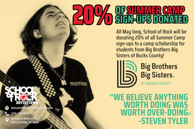 Big Brothers Big Sisters of Bucks County is partnering with School of Rock Doylestown again this summer! 20% of all summer camp sign ups will be donated towards scholarships for children within our programs! 🎸🎹🎶🎤 bit.ly/3wzk6YC