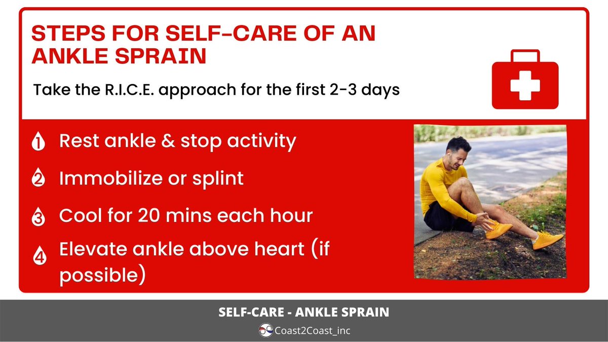 #FirstAidFriday No matter how healthy of a lifestyle you live, it's still possible to roll an ankle. Follow the steps of the #RICE method to recover ASAP. Learn more by joining us for our #StandardFirstAid course from our 18 locations across Ontario. c2cfirstaidaquatics.com/first-aid-cour…