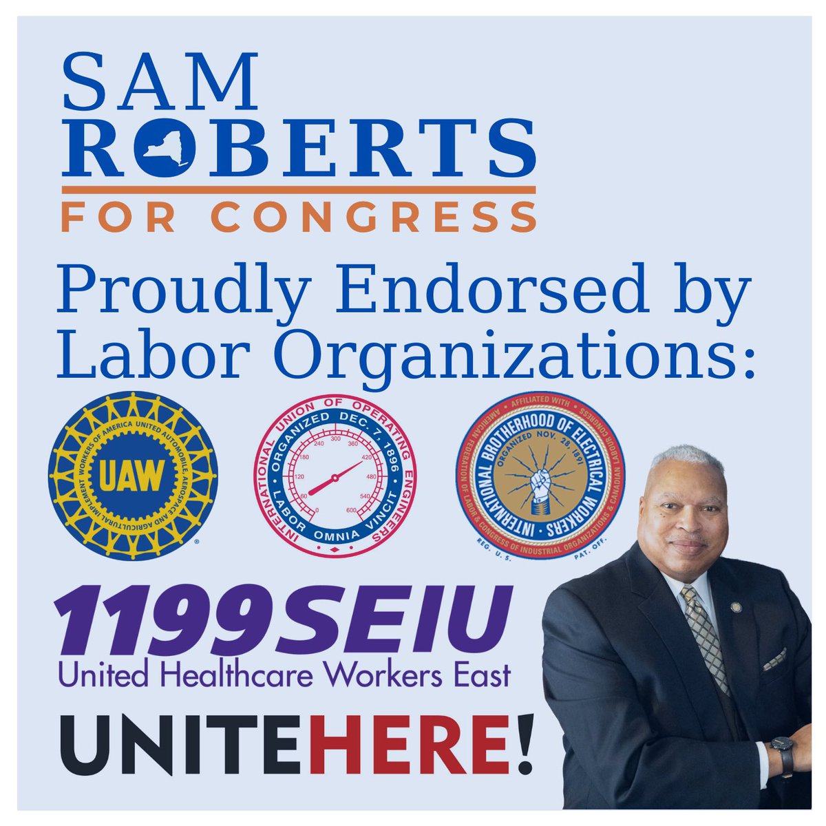 samrobertsny's tweet photo. I am honored and proud to be endorsed by my Labor brothers and sisters. With their support, I vow to continue the fight for workers’ rights. Thank you to @UAW @1199seiu @iuoe158 @ibew43 @unitehere.  -Sam Roberts https://t.co/4dHAwYNndL