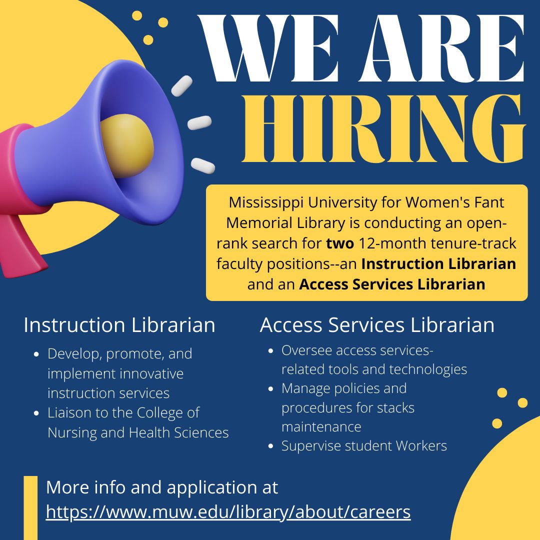 MUWLibrary's tweet image. We're looking for some extra folks to join our library team! If you or someone you know are interested, follow the link in the image to our job posting. Feel free to dm us if you have any questions!