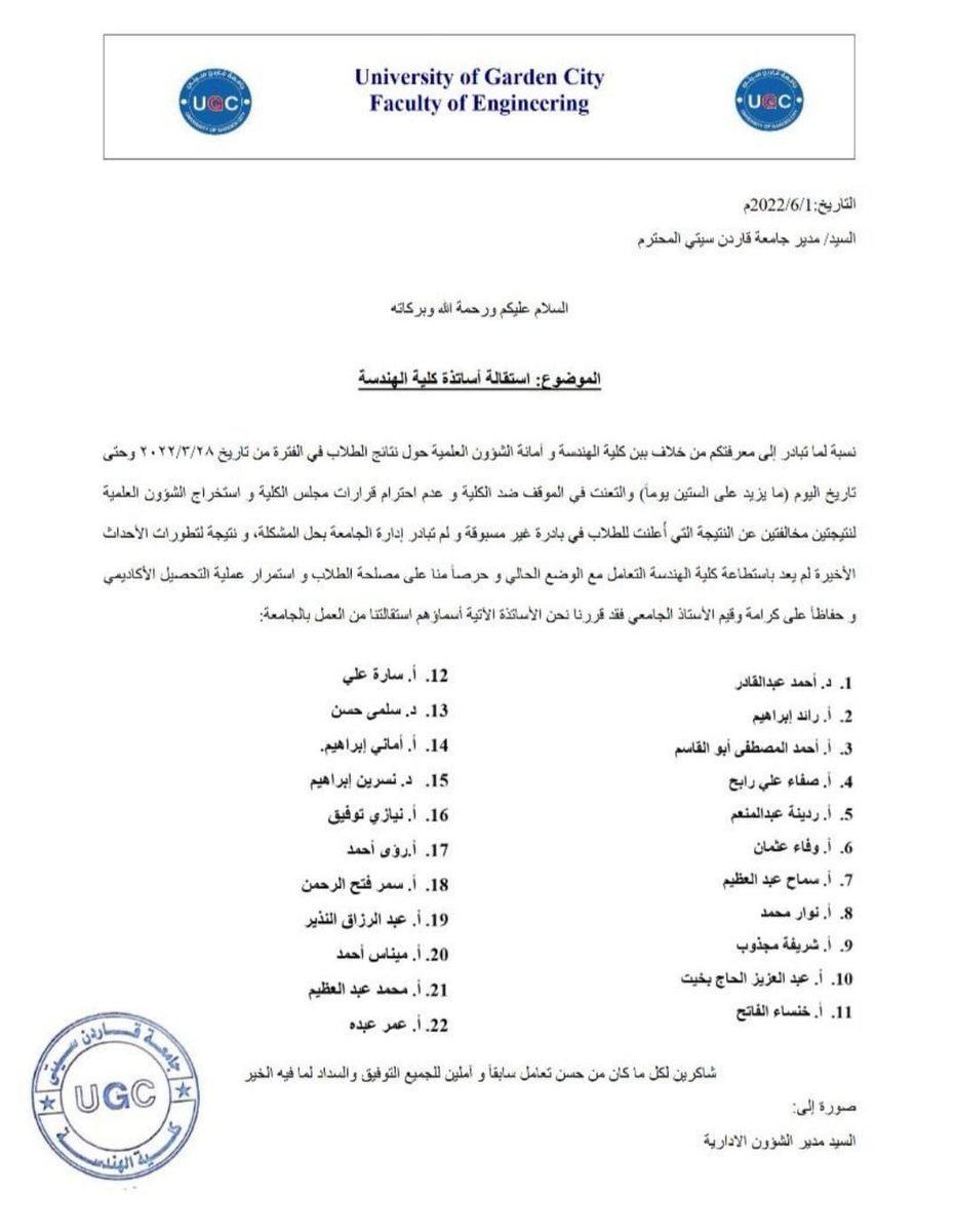 seeda_man's tweet photo. نتفق انو افضل اساتذه و معلمين مرو علينا في مراحلنا التعليميه كلها كانو في كليه الهندسه جامعه قاردن سيتي ❤
 19 استاذ عندنا قدمو استقالاتهم و نحن بنقول ليكم الجامعه من غيركم ما بتبقا و نحن معاكم في اي قرار ❤🙏 https://t.co/CKV3FaOPvo