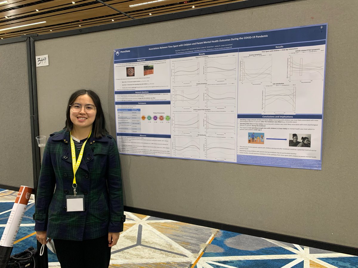 Congratulations to <a href="/TongChen_PSU/">Tong Chen</a>, who received an award of distinction on her poster on "Associations between Time Spent with Children and Parent Mental Health Outcomes during the COVID-19 Pandemic" 🤩