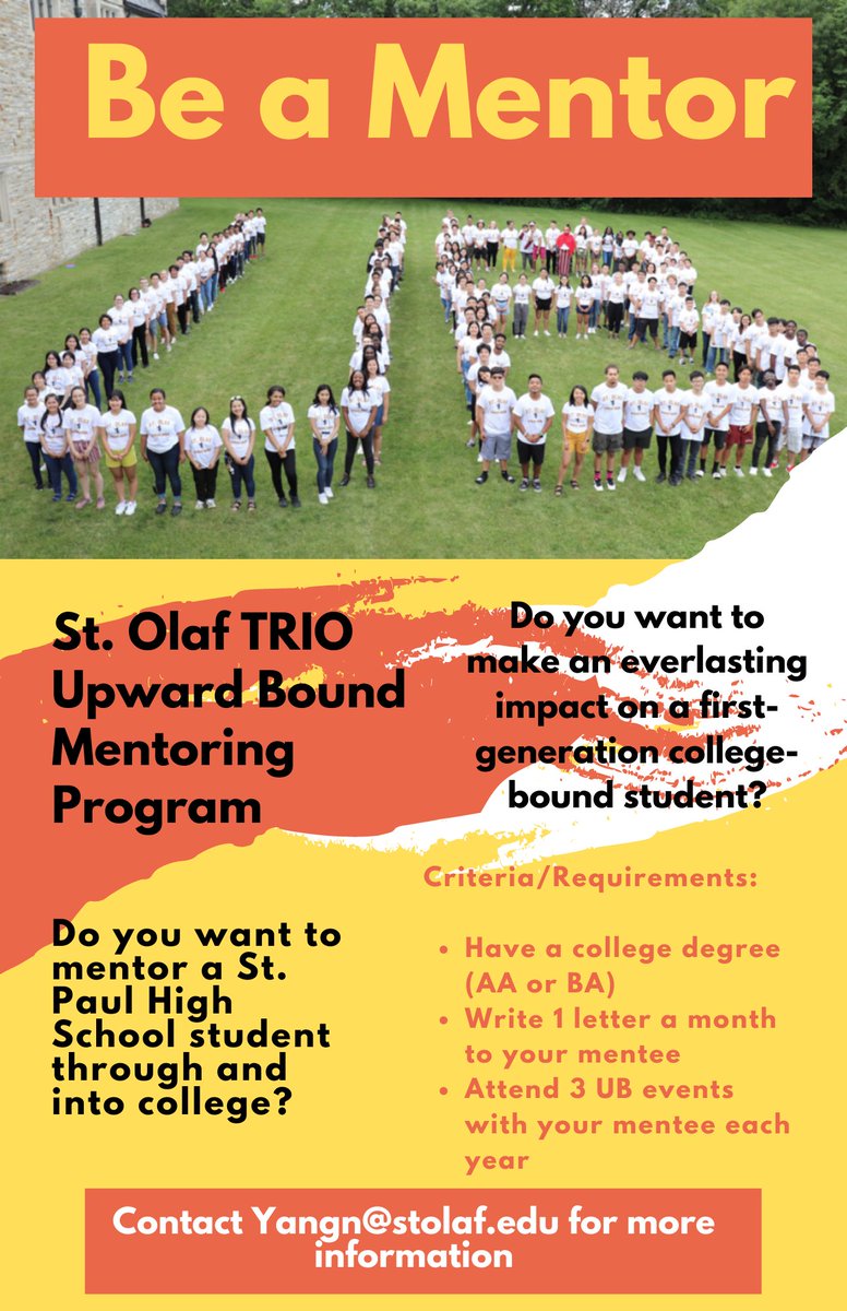 MNTRiO's tweet photo. The St. Olaf TRIO UB program is looking for 39 mentors for our amazing rising junior students in St. Paul. If you are looking for a way to make a difference and support high school students, or give back as a TRIO alum, apply to be a UB mentor for the 2022-2023 academic year! https://t.co/rQjwcWpL60