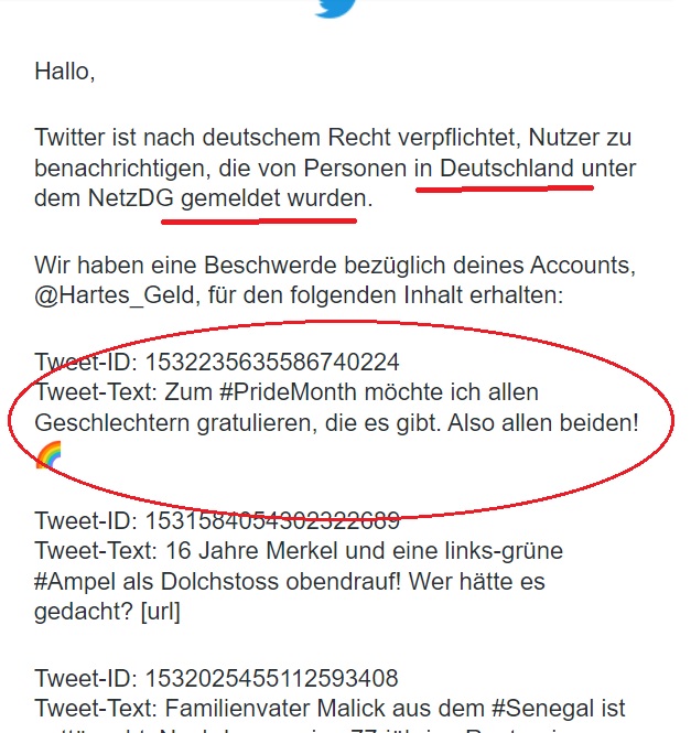 Obwohl jeder meiner Tweets gemeldet wird, so steht dieser Tweet unter Dauer-Meldefeuer der Bunten!
Da ihn Twitter zum 50. mal nicht beanstandet, möchte ich ihm zu Ehren der Melder nochmals einen kleinen Push verpassen.
:)
#Pride2022 #PrideMonth #diversityday