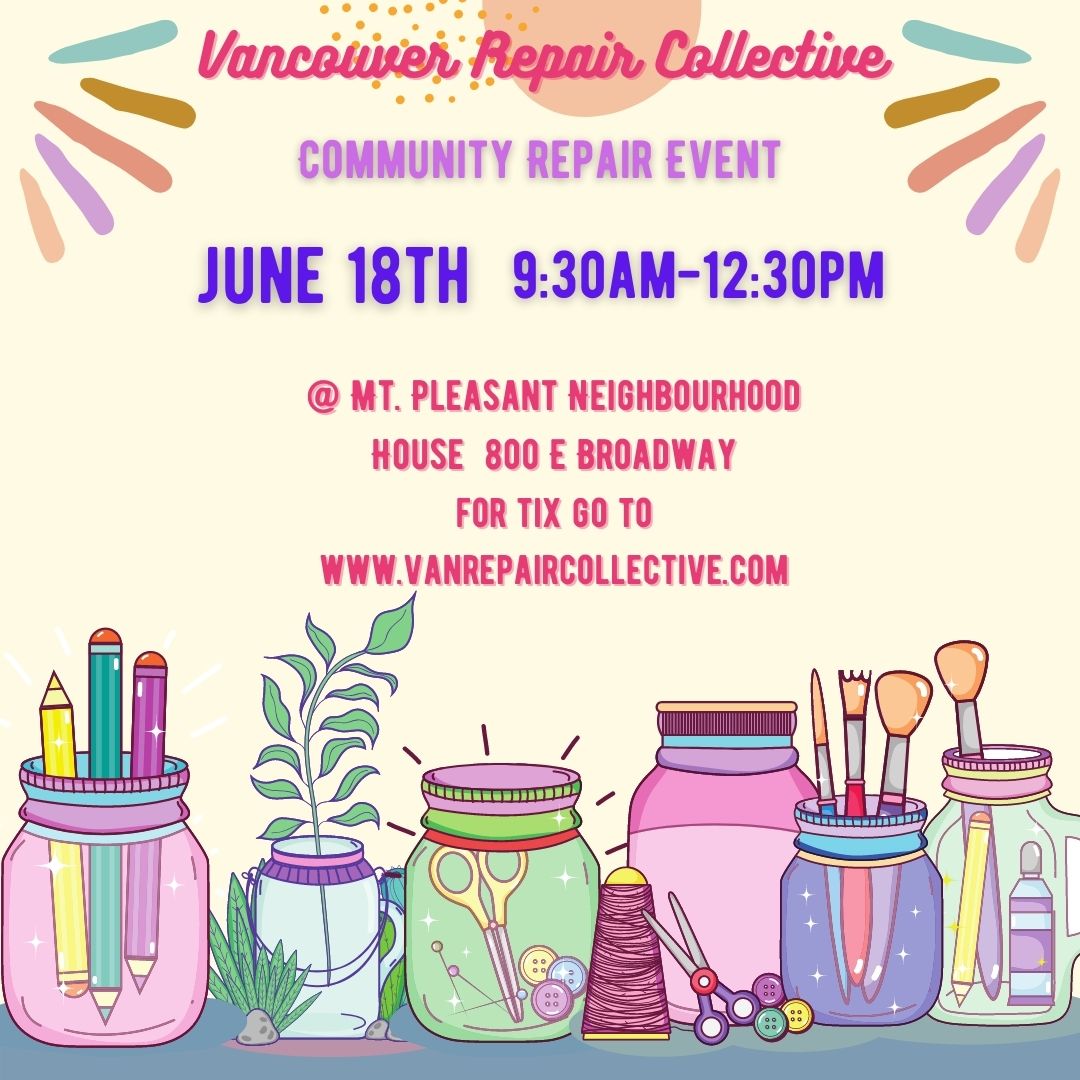 Free Geek is part of the Vancouver Repair Collective, who help you fix broken tech, clothes &amp; household items. 
Join our next event on June 18th, by getting your free time slot here: vanrepaircollective.com