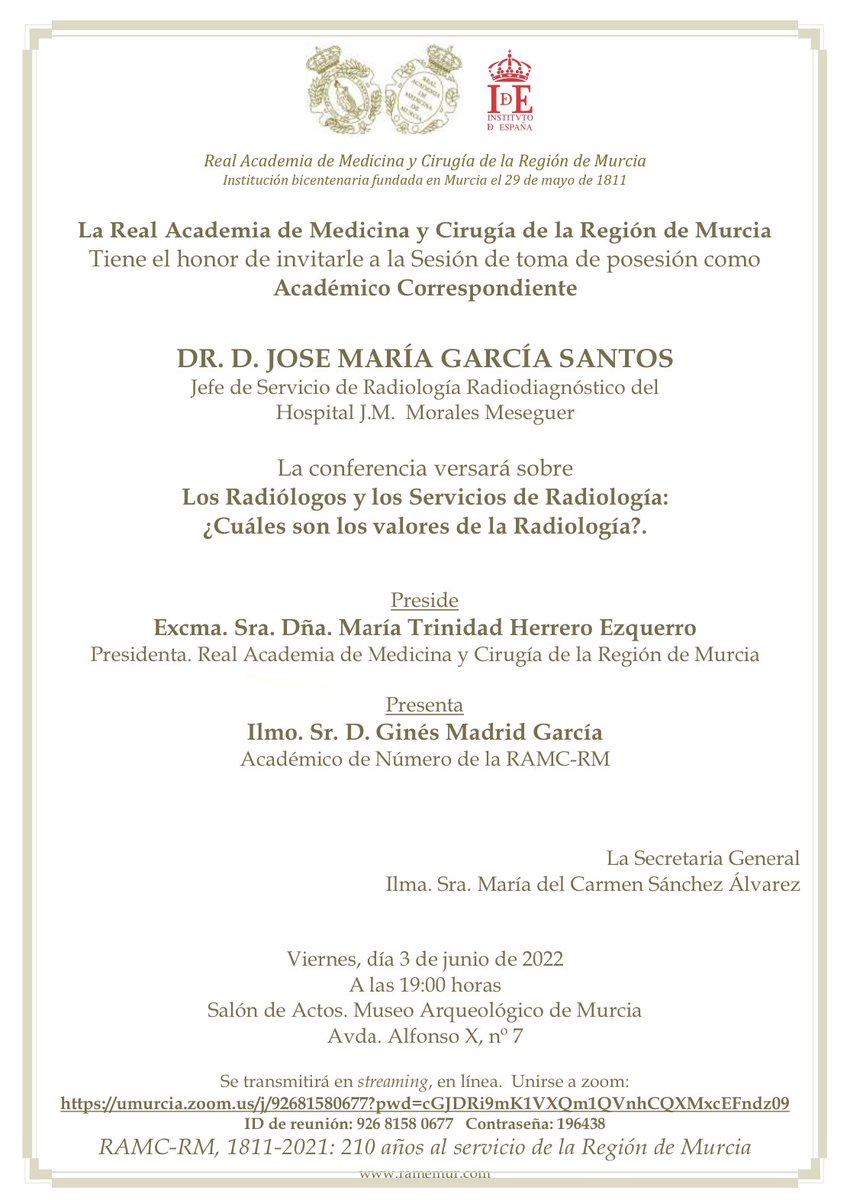 Sesión de toma de posesión como Académico (Real Academia de Medicina y Cirugía de la Región de Murcia) del Dr. José María García Santos, 
Jefe de Servicio de Radiodiagnóstico del Hospital J.M. Morales Meseguer.  Felicidades!  <a href="/garsantos/">Chema García Santos</a> <a href="/serammeA6SALUD/">SERVICIO DE RADIOLOGÍA HOSPITAL MORALES MESEGUER</a> <a href="/SORMU_RX/">Sociedad Murciana de Radiología</a> <a href="/UMU/">Universidad Murcia</a> <a href="/SERAM_RX/">SERAM - Sociedad Española de Radiología Médica</a>