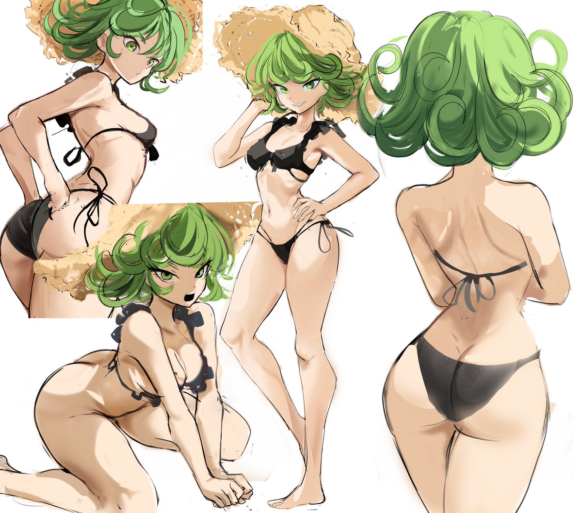 tatsumaki 1girl swimsuit bikini breasts green hair ass hat  illustration images