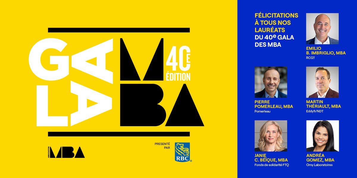 L’AMBAQ est fière d’avoir honoré 5 MBA aux parcours exceptionnels, Martin Thériault de chez #Eddyfi/NDT, Pierre Pomerleau de <a href="/Pomerleau/">Pomerleau</a> Janie Béïque de chez #FSFTQ, Emilio Imbriglio de chez <a href="/RCGT/">Raymond Chabot Grant Thornton</a> et Andrea Gomez de chez #OmyLaboratoires.
Merci à nos partenaires.