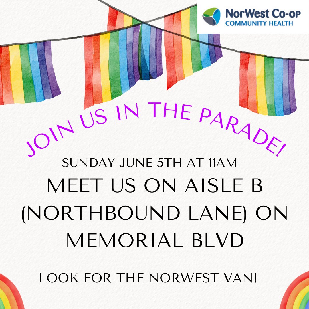 HuddleNorWest's tweet photo. NorWest Co-op is inviting all community members, staff, and their families and friends to join us for the parade!! 🏳️‍🌈
We will be in Aisle B (Northbound Lane) on Memorial Blvd, in between Broadway and York. Swipe to see the map with the green line showing where we will be. https://t.co/TOJSVtwUoa