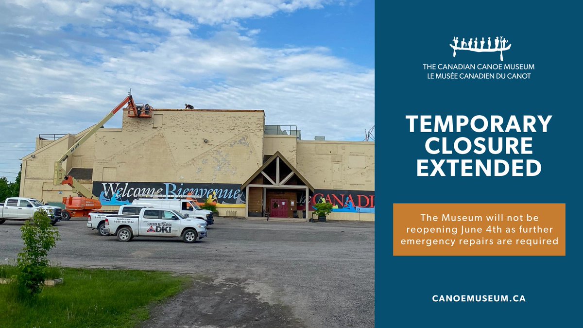 CndnCanoeMuseum's tweet photo. Out of an abundance of caution, The Canadian Canoe Museum is extending our temporary closure until further notice to continue emergency repairs.  

We hope to welcome visitors back very soon!

Full update: https://t.co/agvxw8uyWg

#PTBO #Peterborough #TheKawarthas #ONStorm https://t.co/CxIvmug5tu