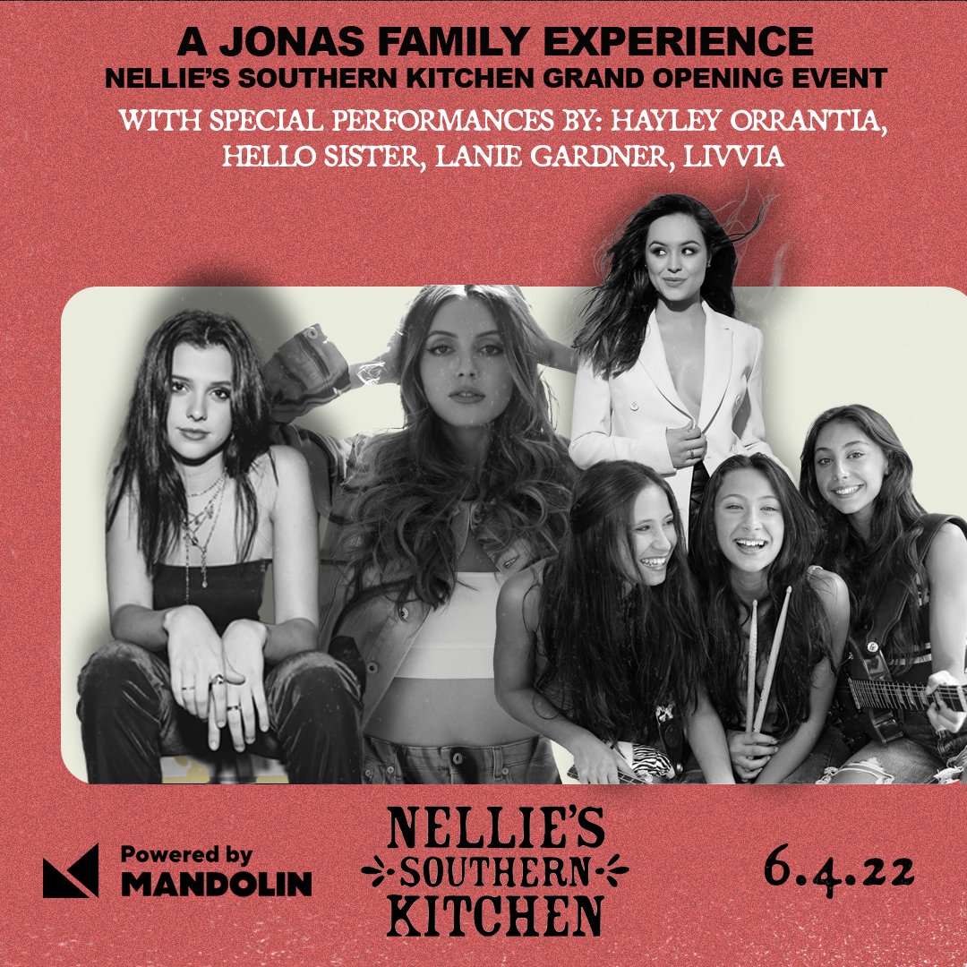 mandolinlive's tweet photo. JUST ANNOUNCED: The #Jonas @NelliesSK Grand Opening Event in Las Vegas! Tune in tomorrow, June 4th at 4:15pm PT for this rad event on @mandolinlive featuring performances by @HayleyOrrantia, @Hellosisterband, @whoislaniee, and @LIVVIA.

Tickets: https://t.co/KxlDDbJkYL https://t.co/fJ11ilWhr8
