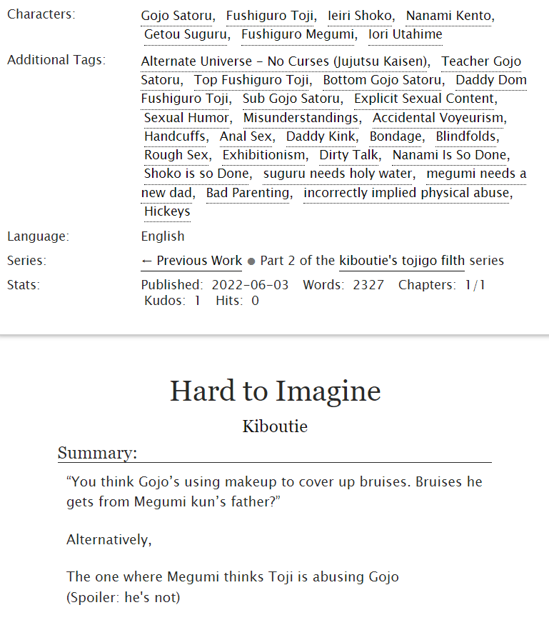 Kiboutie's tweet photo. Hard to Imagine

Tojigo AU 

Rated E 🔞 2 k words, Complete 

Link -> https://t.co/SfpLIo6Fz5

- Dom top daddy Toji x Sub bottom Gojo 
- Rough sex 
- Daddy kink
- Sexual humour

Super late entry for @BottomGojoWeek https://t.co/cYOME8iCZx