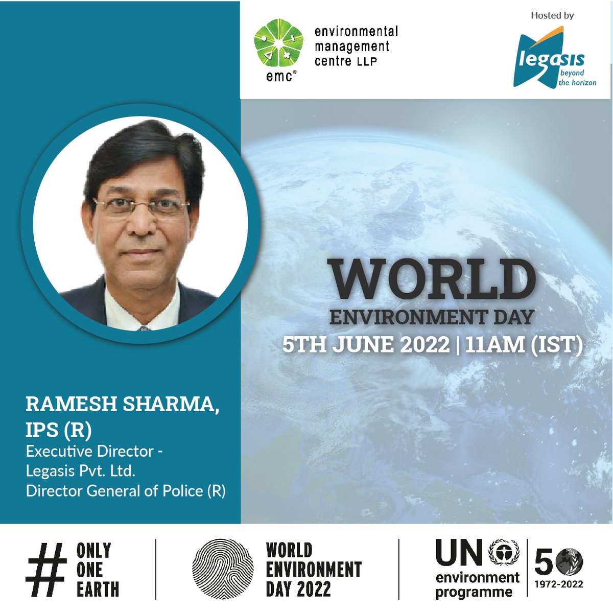 #WorldEnvironmentDay2022 -June 5, 11AM IST 
<a href="/Legasis/">Legasis</a> &amp; @EMC_LLP
 <a href="/UNEP/">UN Environment Programme</a> Theme:  #OnlyOneEarth 
“#Statutory Role of #Directors in Environmental Protection: Does Failure to Protect #Environment Lead to Directors’ #Liabilities?” <a href="/Ramesh_Sharma53/">Ramesh Sharma IPS(R)</a> 

Register: bit.ly/3kMf04p