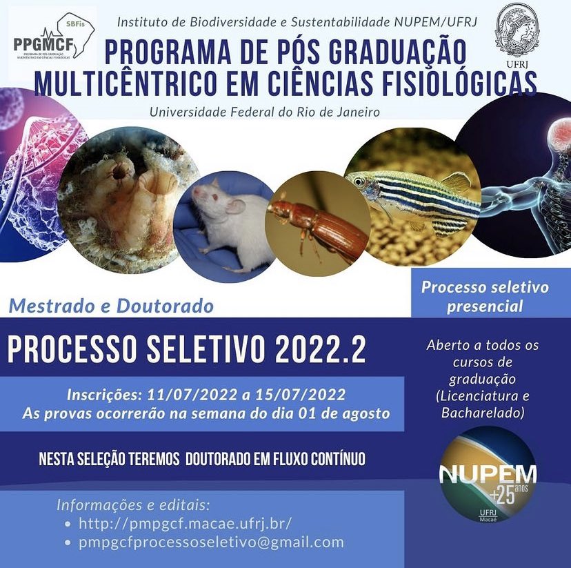sbfis_oficial's tweet photo. Em 11 de julho abrem as inscrições de mestrado e doutorado no Programa de Pós Graduação Multicêntrico em Ciências Fisiológicas, NUPEM UFRJ Macaé.

Link: https://t.co/9P30ZXJw25

#ppgmcf #ppgmcf #fisiologia #ciênciasfisiologicas https://t.co/1hV8hBaQeE