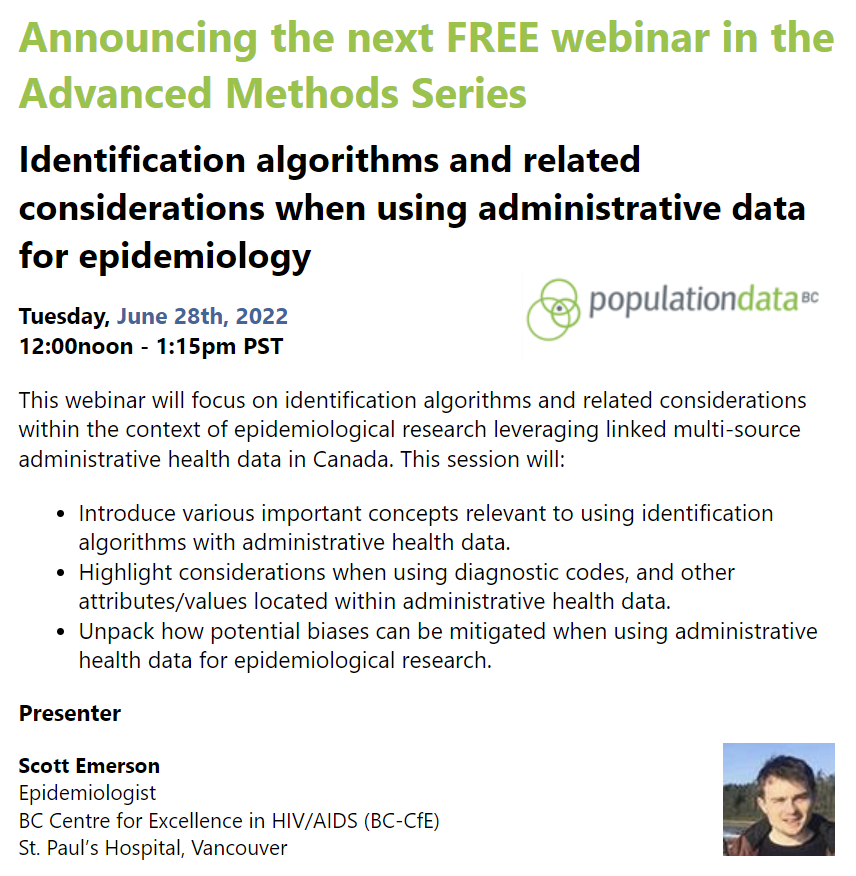 Scott Emerson - epidemiologist at the @BCCfE - will give a @PopDataBC / <a href="/ICESOntario/">ICES</a> webinar on June 28th! Details and registration link: popdata.bc.ca/events/etu/web…