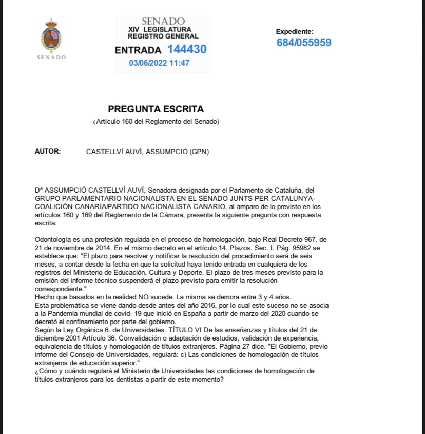 assumpcas's tweet photo. ✍🏻@JuntsxCatMadrid Senat hem registrat una bateria de preguntes dirigides al Ministerio de Universidades amb relació al procés d’homologació odontològica

Quan pensa el Ministerio oferir solucions a les constants demandes del sector i a la gent que pateix aquesta situació? 🤔 https://t.co/s4MB8g7OqI