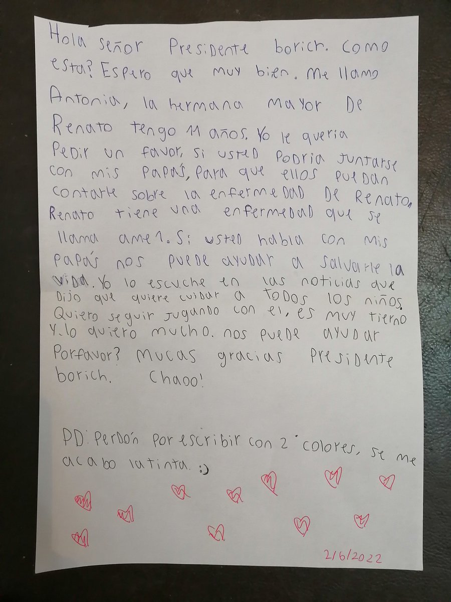seguimosxrenato's tweet image. Pdte. Gabriel Boric @gabrielboric nuestra hija mayor, Antonia, escribió esta carta dirigida a ud. Contáctenos, la vida de Renato y de cada niñ@ con AME depende de eso. Por favor 🙏🏼
 
@famechile @mbegonayarza @minsalchile @gobiernodechile
 
#seguimosxrenato
instagram.com/reel/CeWZLsyjS…