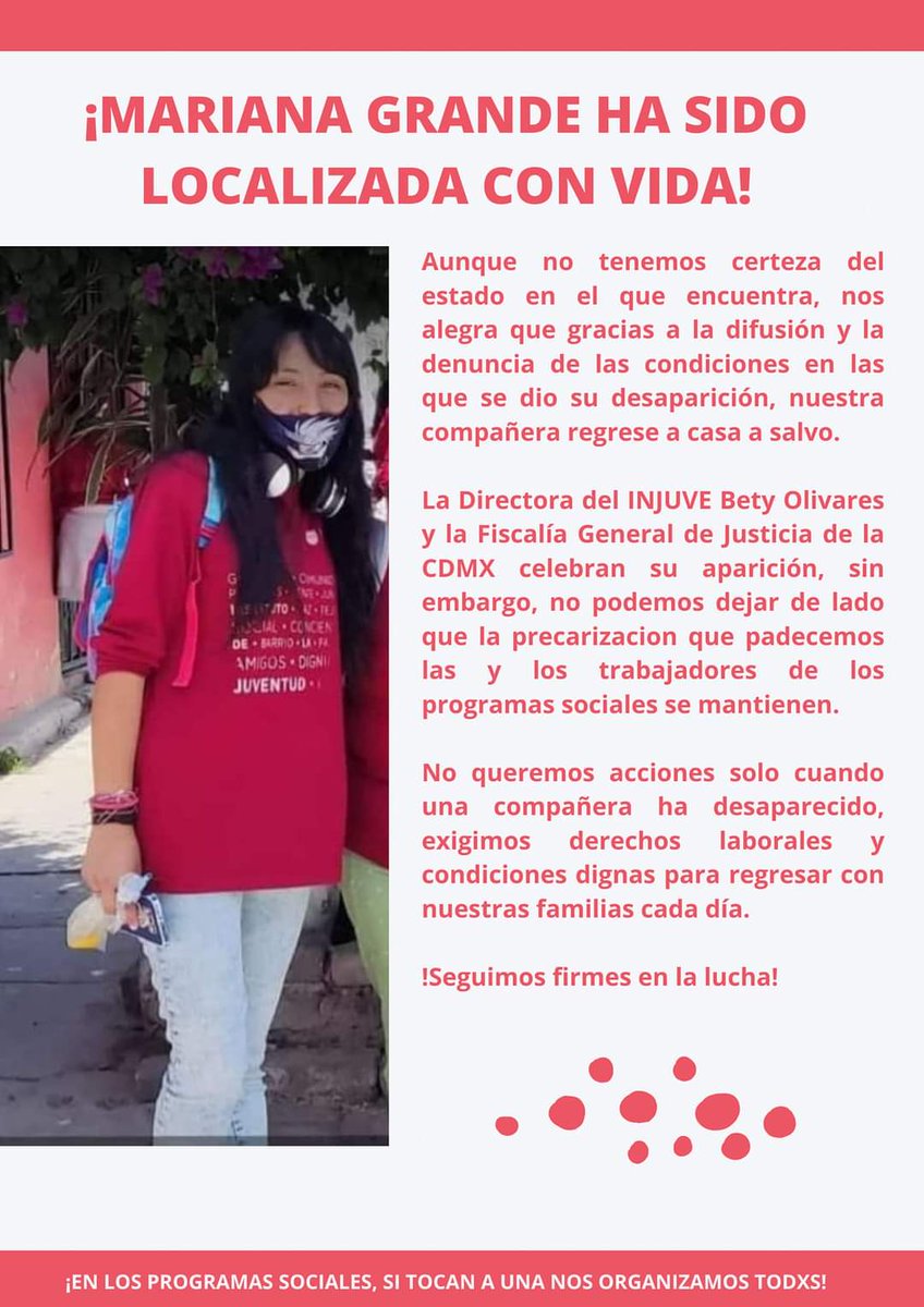 Nuestra compañera #MarianaGrande fue localizada a salvo, gracias a la exigencia y difusión que sus compañerxs de distintos Programas Sociales le dimos a su ficha de búsqueda. #CulturaConDignidad