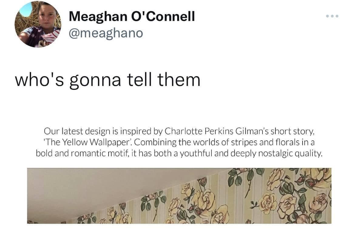 SEAveryAuthor's tweet image. Someone didn't read the assignment.

#CrazyMaking #YellowWallpaper #HorrorStory #Reading