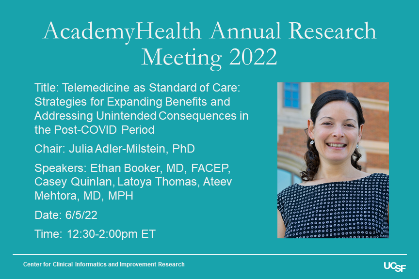 Starting off @AcademyHealth #ARM22, @j_r_a_m will chair a session on #Telemedicine post-#COVID along with speakers @E_BookerMD, Casey Quinlan, Latoya Thomas, & @Ateevm.