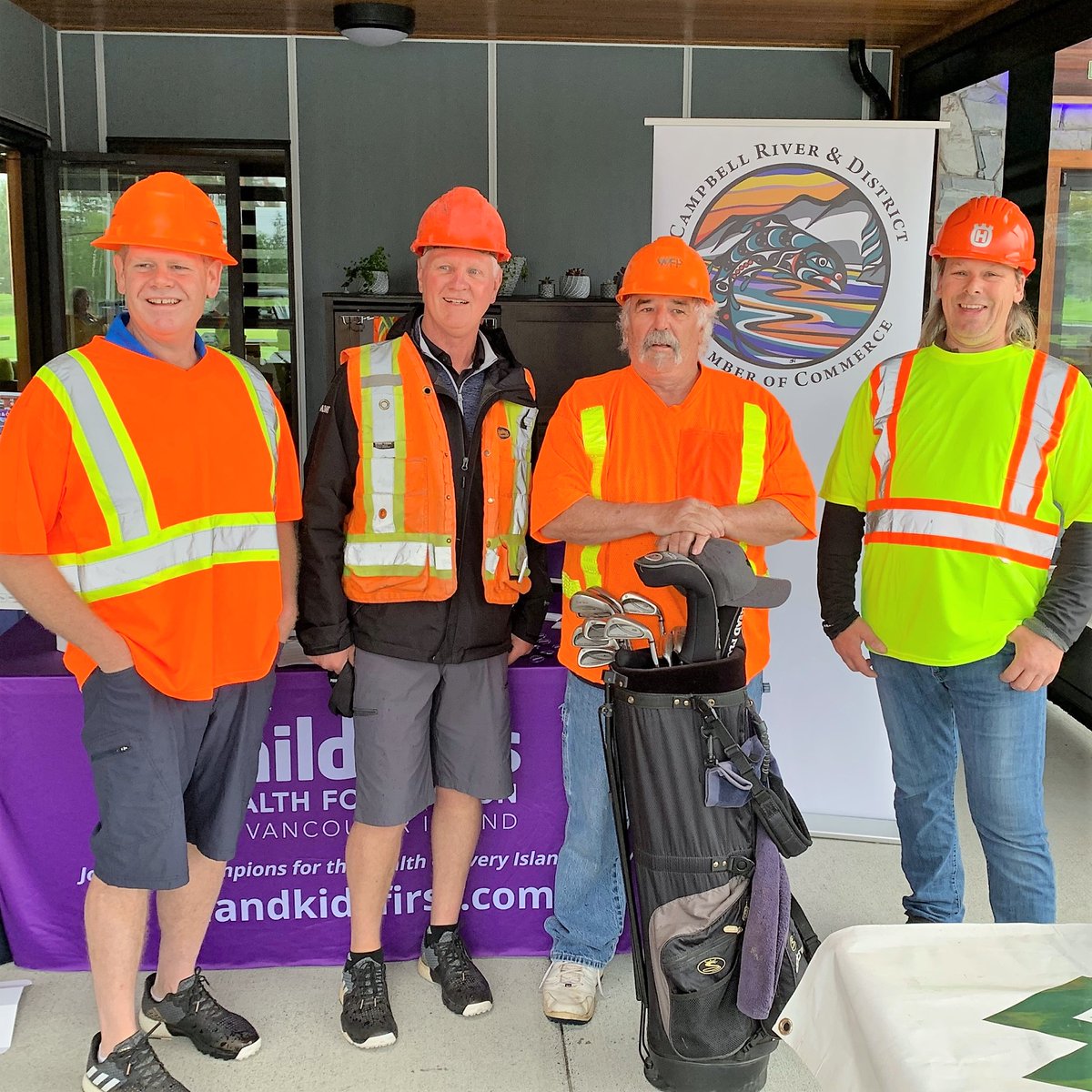 WFPCompany's tweet photo. How serious are we about safety? Our team at the @ChamberCR #GolfExtravaganza is ready for stray balls.😆 Today's tournament theme celebrates the #resourcesector, so Ross, Chris, Joe &amp; Shawn are on point! AND Western is sponsoring delicious gourmet lunch boxes for all players. https://t.co/TLrjIG3kTb