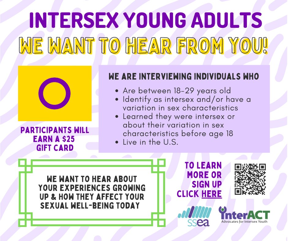 interACT_adv's tweet photo. Shelby Astle, a Ph.D. student at @KState is interviewing intersex young adults ages 18-29 to learn more about their experience with their caregivers growing up and how those experiences may have impacted their identity and sexual well-being.

STILL OPEN▶️https://t.co/eSW2g7pj6E https://t.co/MYTPoZYuSs