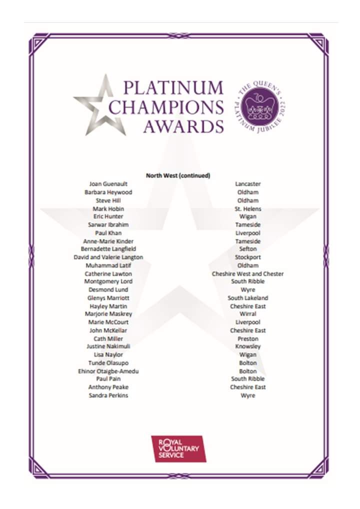 We are delighted the news is out that our Bernadette Langfield, you'll probably know her as Bernie, is one of 490 people in the UK to be awarded the prestigious Platinum Champion Award by The Royal Voluntary Service commemorating the Platinum Jubilee.